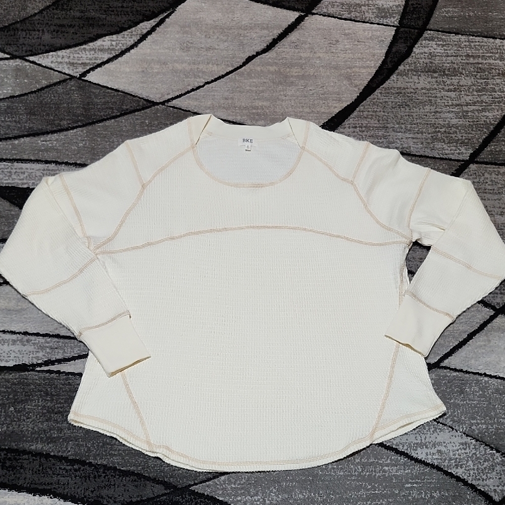 BKE CREAM WAFFLE-KNIT LONG-SLEEVE OVERSIZED SHIRT